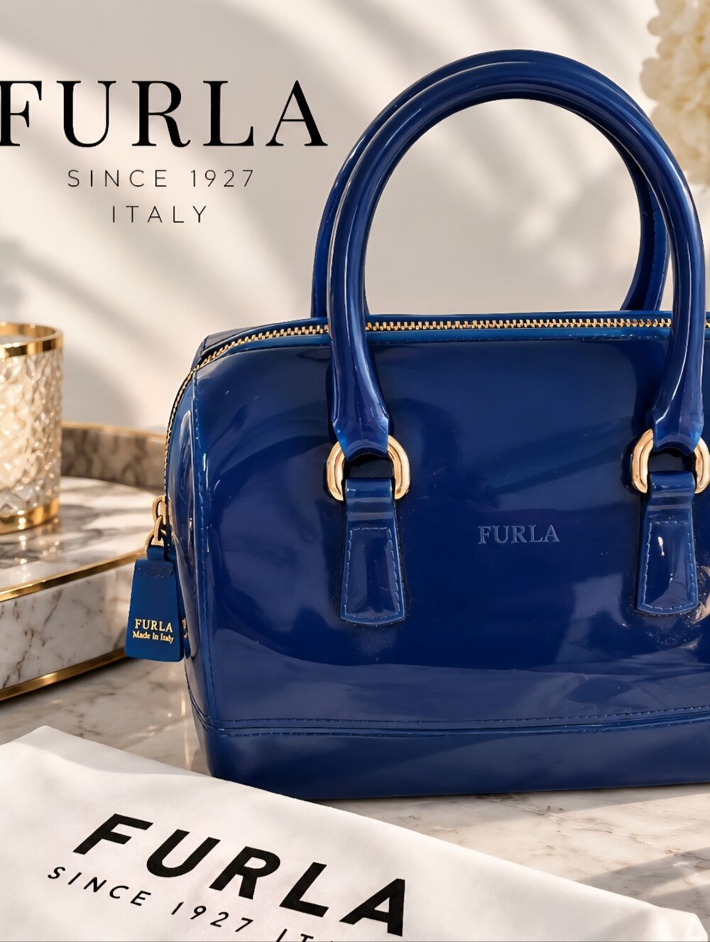 Furla Candy Jelly Boston Bag Navy Blue Patent PVC Made in Italy